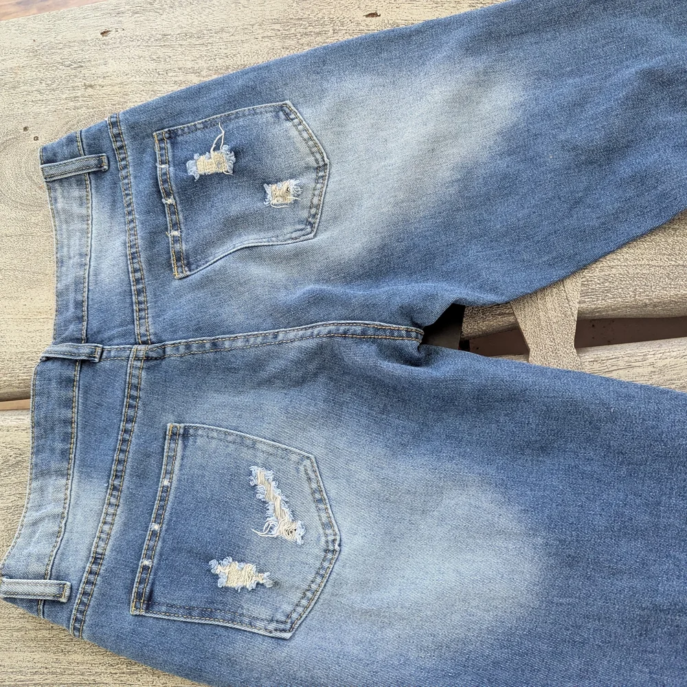 Women’s Blue Distressed Patchwork Jeans with Pink Accents Size M - Picture 9 of 16